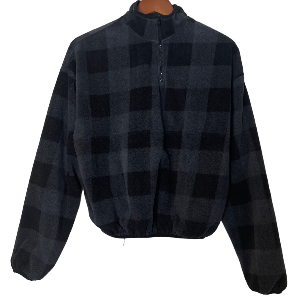 Ardene Buffalo Plaid 1/4 Zip Mock Neck Crop Pullover Fleece Size S Gray Black